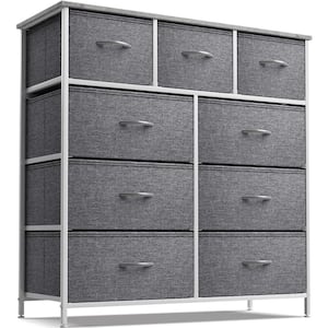 39.5 in. L x 11.5 in. W x 39.5 in. H 9-Drawer Gray Rustic Dresser with Steel Frame Wood Top Easy Pull Fabric Bins