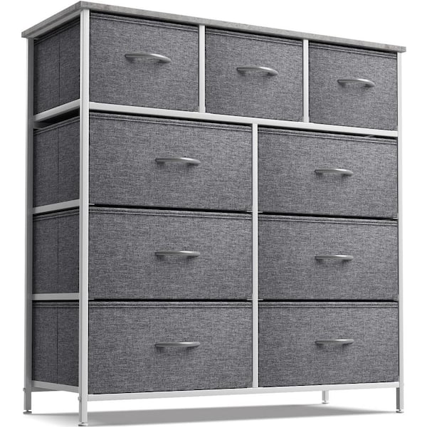 Sorbus 39.5 in. L x 11.5 in. W x 39.5 in. H 9-Drawer Gray Rustic Dresser with Steel Frame Wood Top Easy Pull Fabric Bins