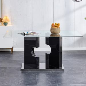 Modern Rectangle Black Glass Pedestal Dining Table Seats for 6 (63.00 in. L x 30.00 in. H)