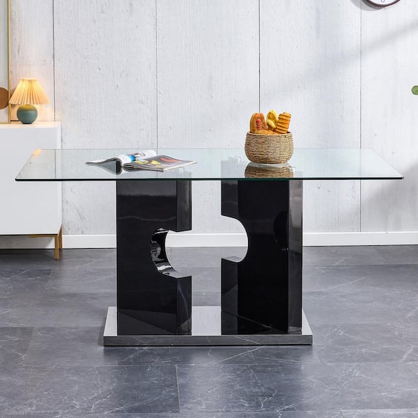 Polibi Modern Rectangle Black Glass Pedestal Dining Table Seats for 6 (63.00 in. L x 30.00 in. H)