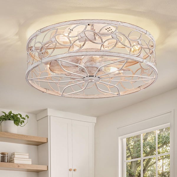 18 in. Indoor White Gold Flush Mount Caged Ceiling Fan with Light Kit and Remote Control