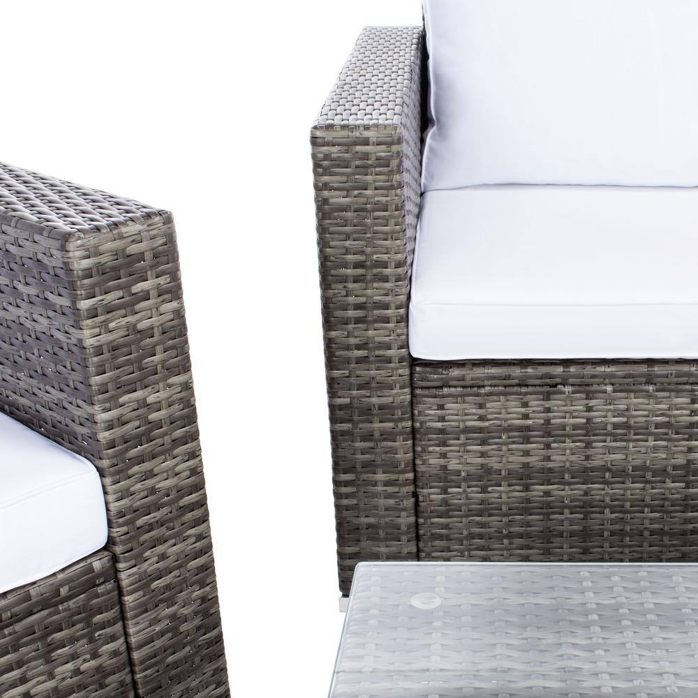 Machie Grey Brown Wicker 3-Person Outdoor Living Set with White Cushions