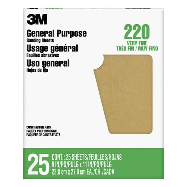 3M 9 in. x 11 in. 220 Grit Very Fine Aluminum Oxide Sandpaper (25-Sheets/Pack)