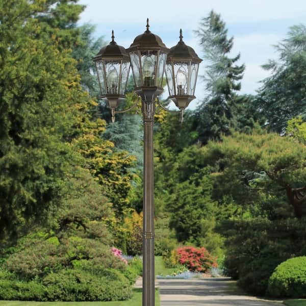 Villa Nueva 96 in. 3-Light Brown Outdoor Lamp Post Light Fixture Set with Stained Glass