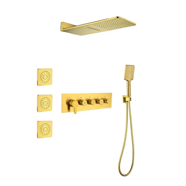 Unbranded Full Body Waterfall Shower System 2-Spray Wall Bar Shower Kit with Hand Shower in Brushed Gold 3 Body Shower Head