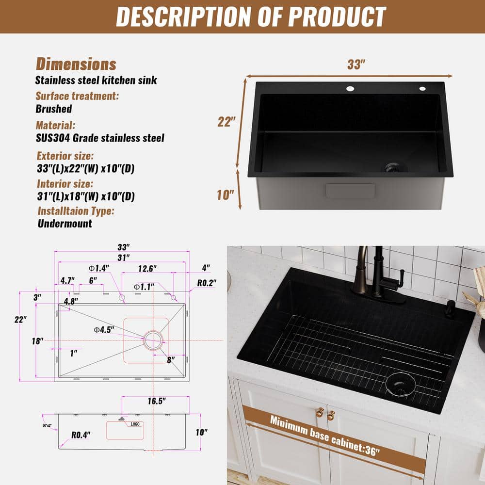 33" Gunmetal Black Stainless Steel Farmhouse Kitchen Sink