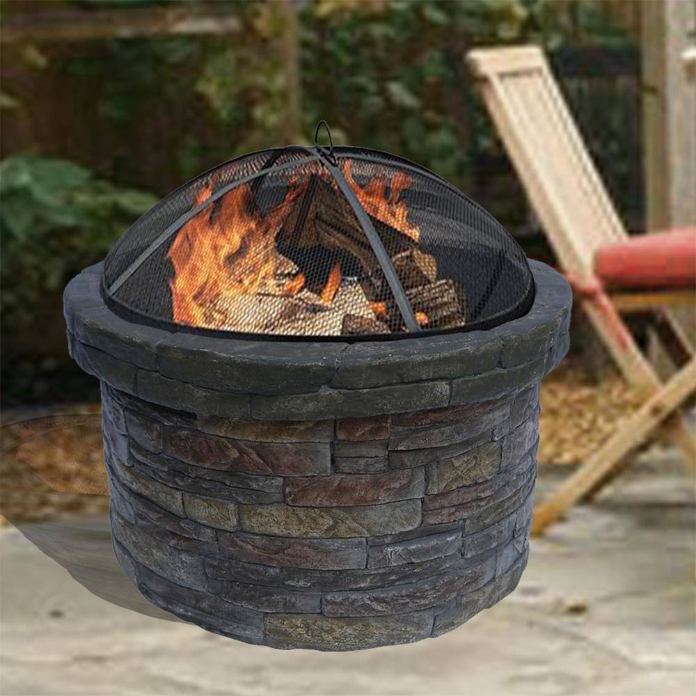 Round Faux Stone Outdoor Wood Burning Fire Pit with Steel Base