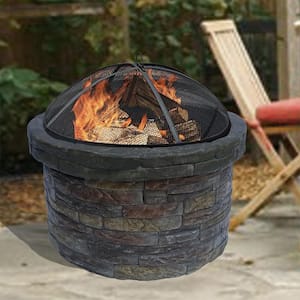27 in. Outdoor Round Stone Wood Burning Fire Pit in Gray with Cover