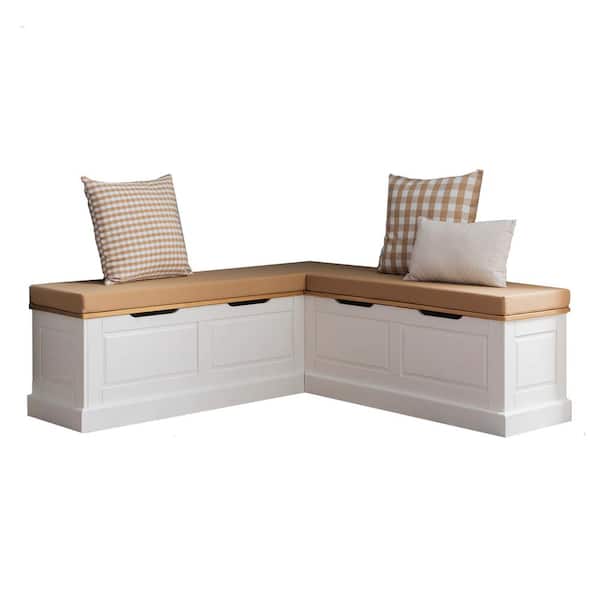 Linon Home Decor Rockhill Natural & White Breakfast Dining Bench backless Nook with Beige 5 piece Cushion Set 62.4 in. W