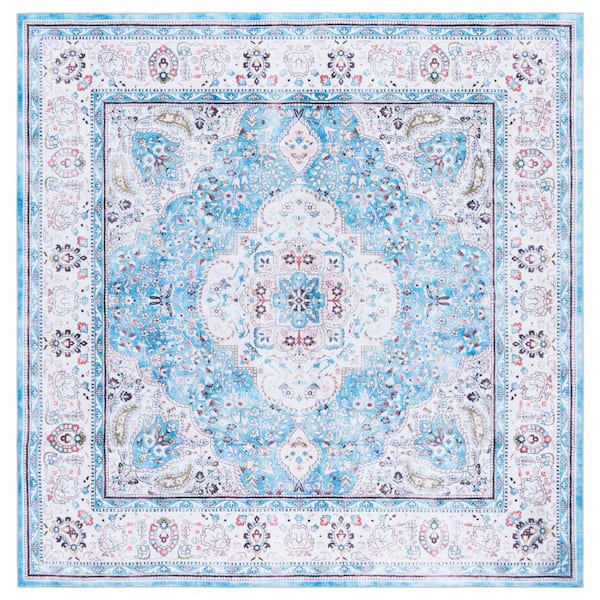 Martha Stewart Washable Turquoise/Beige 6 ft. x 6 ft. Machine Washable Medallion Border Square Area Rug