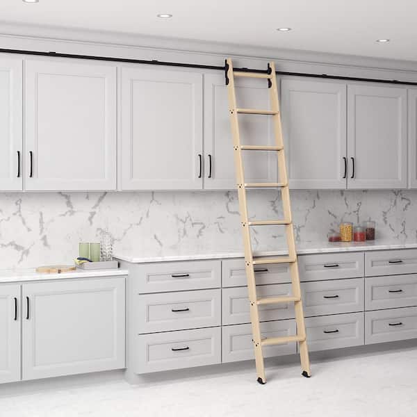 8.06 ft. Maple Library Ladder (9 ft. Reach) Black Hook Hardware 12 ft. Rail and Horizontal Brackets