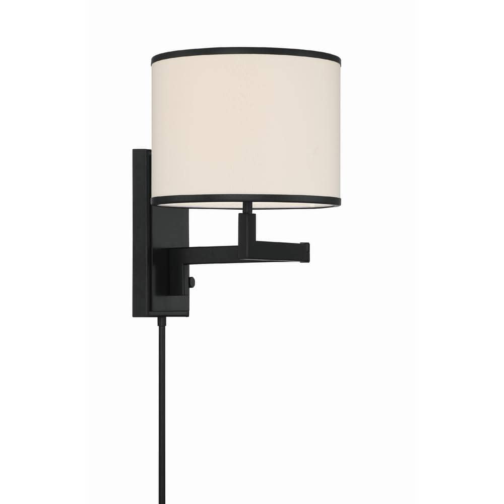 Matte Black Iron Swing Arm Wall Sconce with Silk Shade