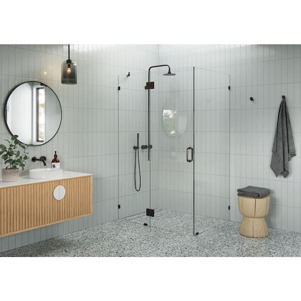 Glass Warehouse 50 in. W x 36 in. D x 78 in. H Pivot Frameless Corner Shower Enclosure in Oil Rubbed Bronze Finish with Clear Glass