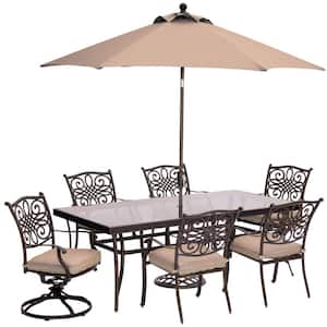 7-Piece Outdoor Dining Set with Rectangular Glass Table, 2 Swivels, Umbrella and Base with Natural Oat Cushions