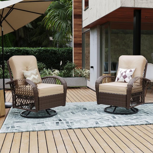 UPHA Brown Wicker Patio Outdoor Rocking Chair with Beige Cushion (Set of 2)