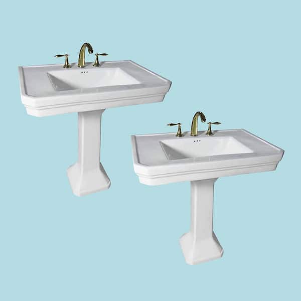 Victorian Large Bathroom Pedestal Sink in White (Set of 2)
