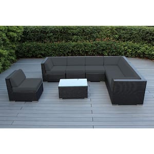Black 8-Piece Wicker Patio Seating Set with Supercrylic Gray Cushions