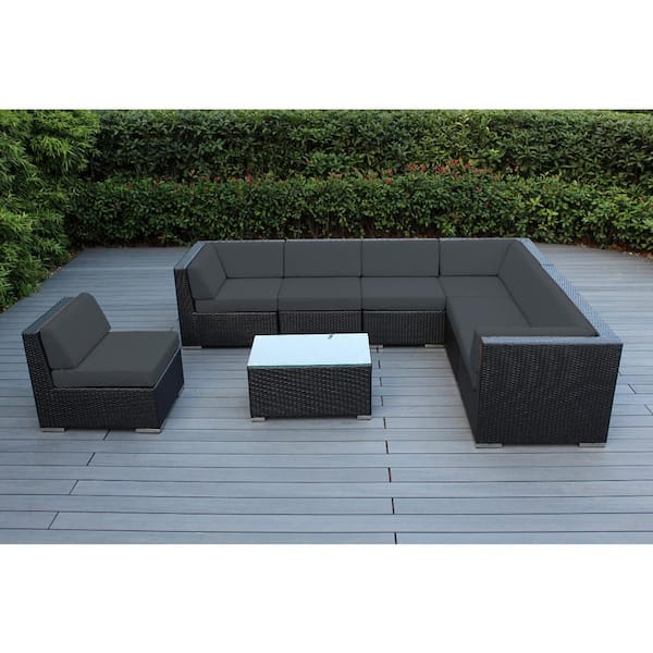 Ohana Depot Black 8-Piece Wicker Patio Seating Set with Supercrylic Gray Cushions