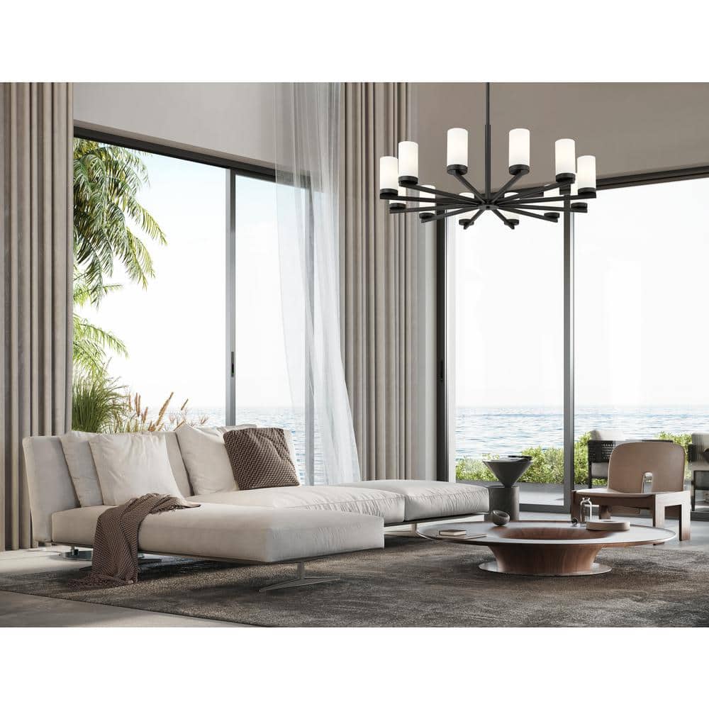 Matte Black 12-Light Modern Chandelier with White Glass Shades