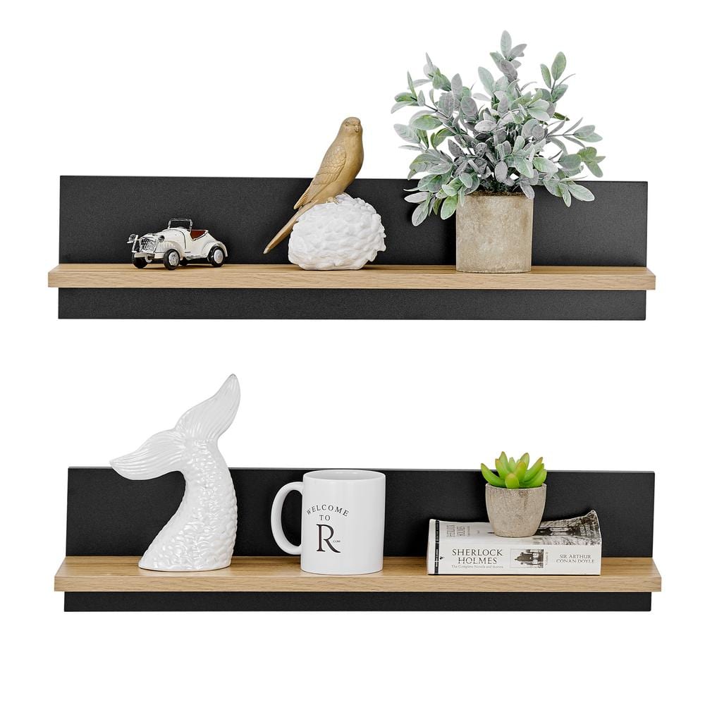 Chestnut and Black Wood Floating Wall Shelves Set of 2