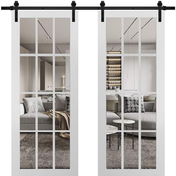 Sartodoors 3355 48 in. x 80 in. Full Lite Clear Glass Matte White Finished Solid Wood Sliding Barn Door with Hardware Kit