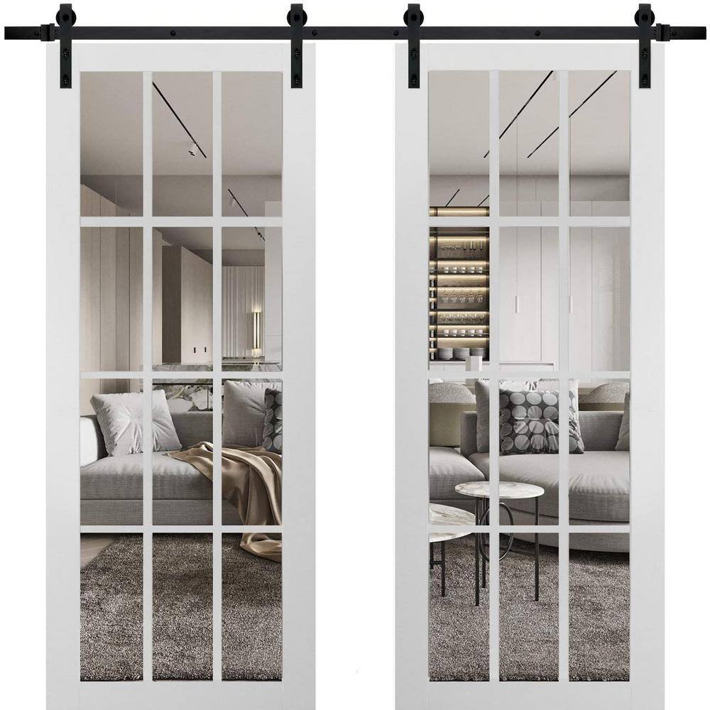 Felicia Matte White Solid Wood Double Barn Door with Clear Glass Panels