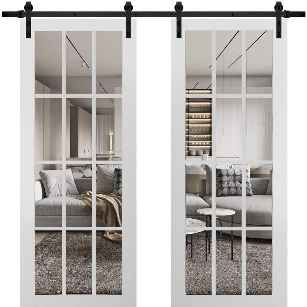 Matte White Double Barn Door with Clear Glass 12 Lites, 64 x 84 Inches