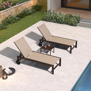 Aluminum Bronze Frame Outdoor Metal Patio Chaise Lounge with Side Table and Wheels, Light Tan