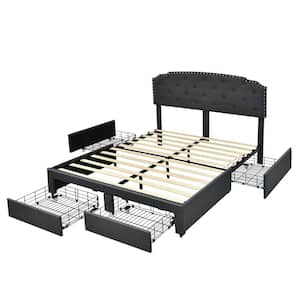 Gray Wooded Frame Queen Size Platform Bed with 4 Storage Drawers Adjustable Headboard, Not Need Box Spring