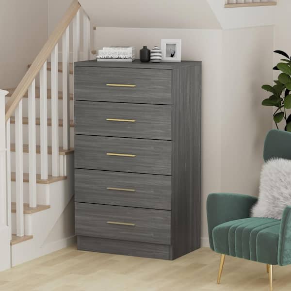 Fufu Gaga 5 Drawer Gray Wooden Chest Of, Dresser Bedside Table