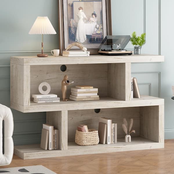 Harper & Bright Designs Geometric Design 47.2 in. Natural Specialty MDF Console Table with 2-Tier Open Shelves and 2 Cable Holes