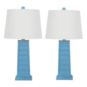 Pair of 25 in. Light Blue Shutter Table Lamp with a Designer White Drum Linen Shade