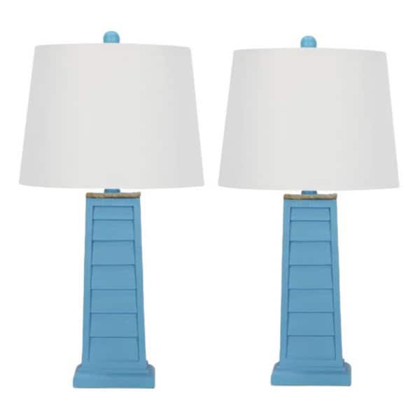 Fangio Lighting Pair of 25 in. Light Blue Shutter Table Lamp with a Designer White Drum Linen Shade