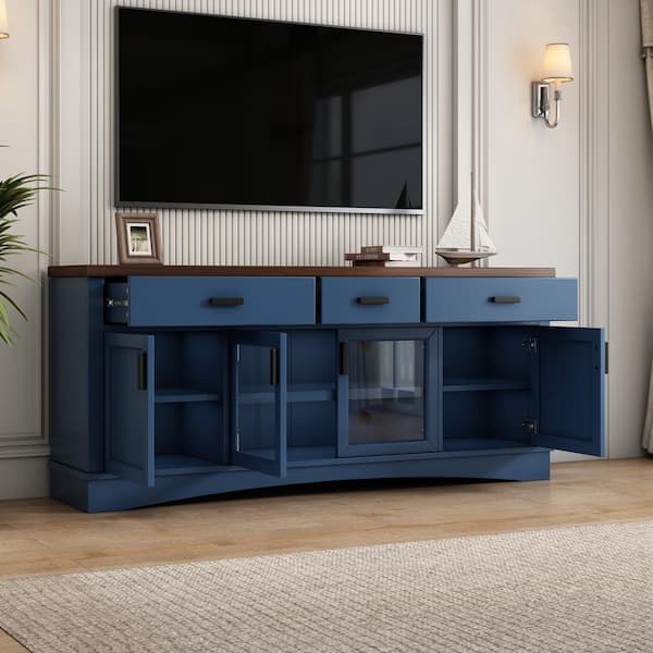 Quincy Modern Blue TV Stand Entertainment Center Fits TVs up to 70 in. with Glass Doors, Drawers, Adjustable Shelves