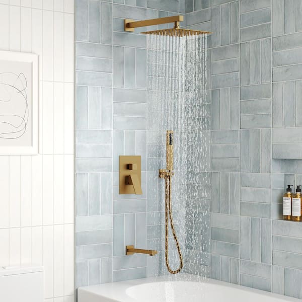 1-Handle 3-Spray Wall Mount Tub and Shower Faucet with 10 in. Rain Shower Head in Brushed Gold