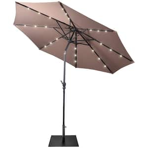 9 ft. Market Patio Umbrella in Tan with Solar Lights and 40 lbs. Steel Umbrella Stand