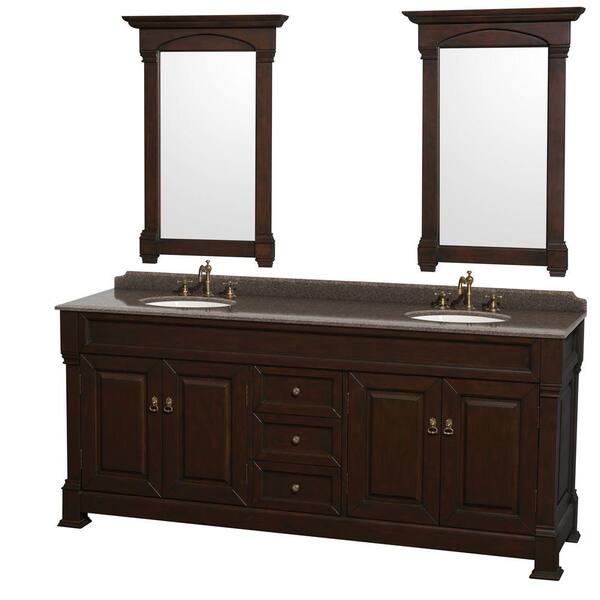 Wyndham Collection Andover 80 in. W x 23 in. D Vanity in Dark Cherry with Granite Vanity Top in Imperial Brown with White Basins and Mirror