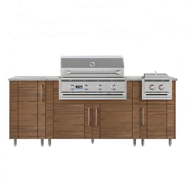 Golden Sky 86.5 in. W 4-Burner Propane Grill Island in Stainless Steel Sanibel Teak with Side Burner with Cabinet