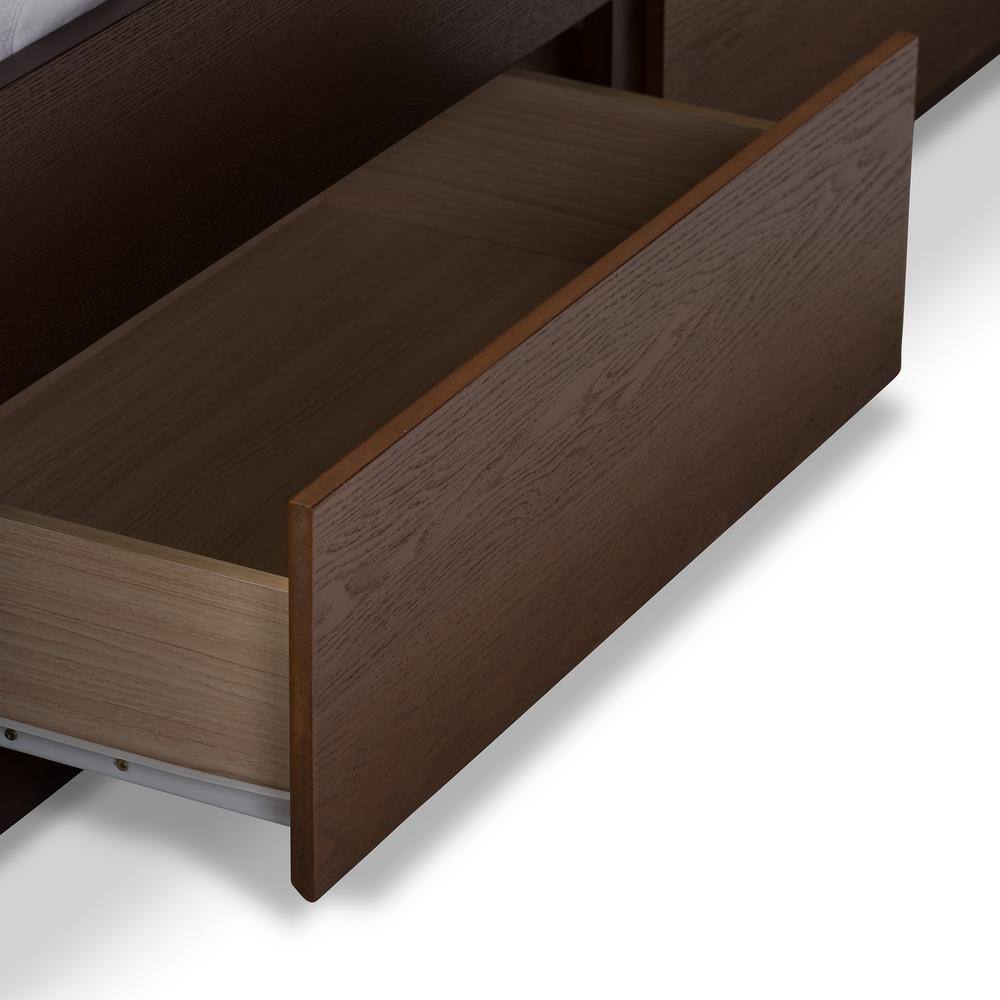 Walnut and Gray Upholstered Queen Storage Platform Bed with Drawers