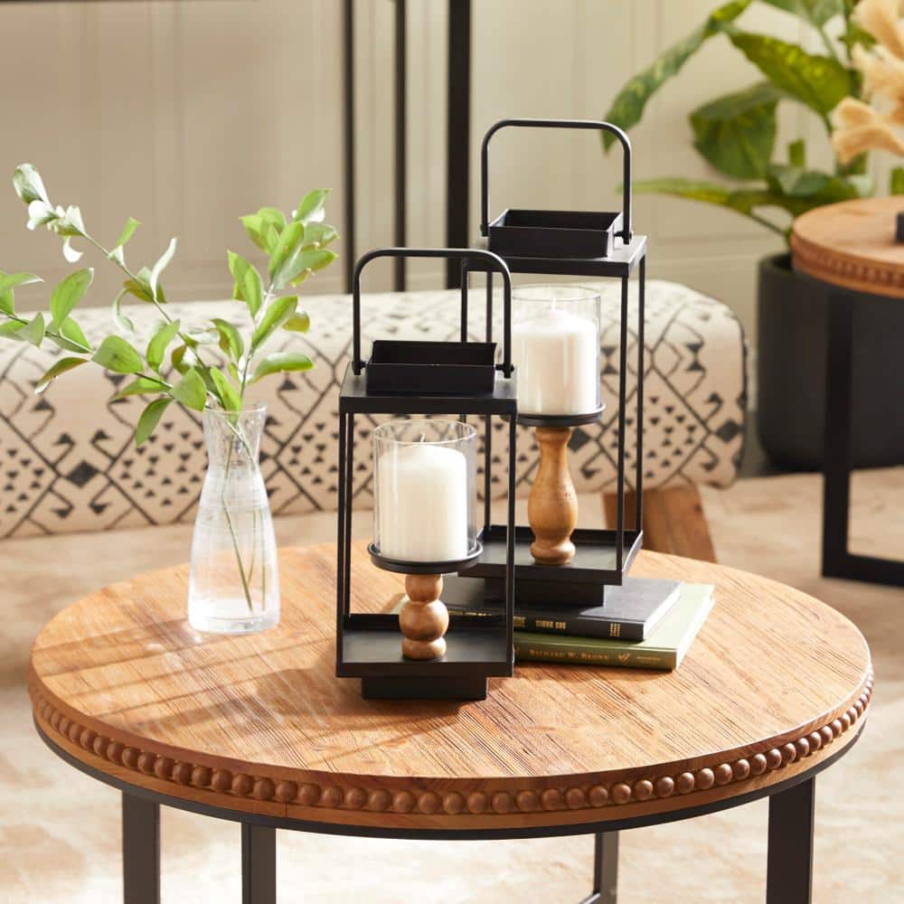 Rustic Black Iron and Wood Lantern Candle Holders, Set of 2