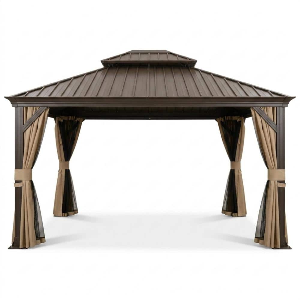 13x15 FT Hardtop Gazebo, Galvanized Steel Double Roof, Drainage System with Curtains and Netting, Brown price history on PriceWatchPro