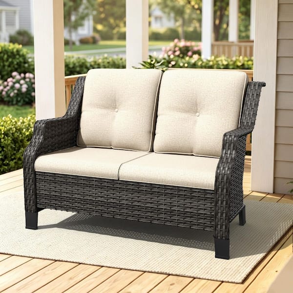 Brown Wicker Outdoor Patio Loveseat with Beige Cushions
