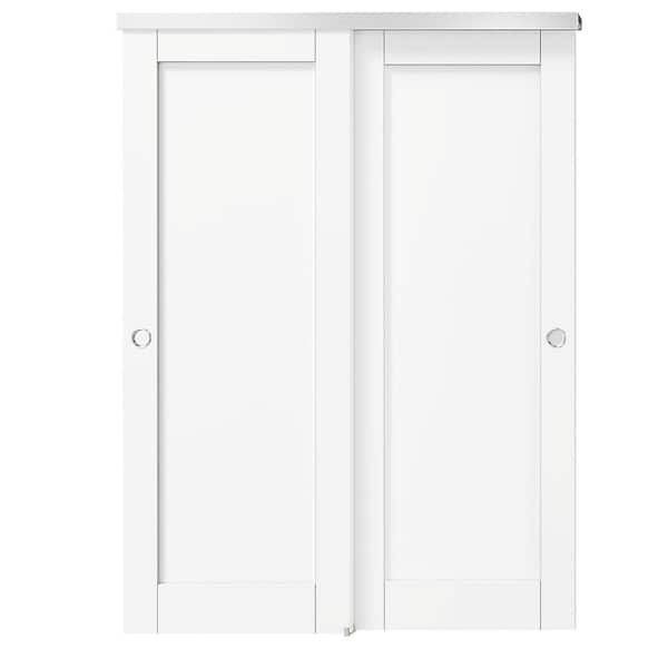 56 in. x 80 in. White, Solid Core, MDF & DIY Painted Double 1 Panel Bypass Sliding Door with Aluminium Hardware