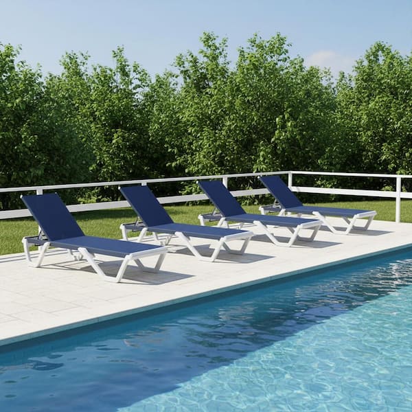 Outdoor Chaise Lounge Plastic Pool with Aluminum Frame Stackable Chairs for Poolside Beach Deck, Navy Blue(4 pack)