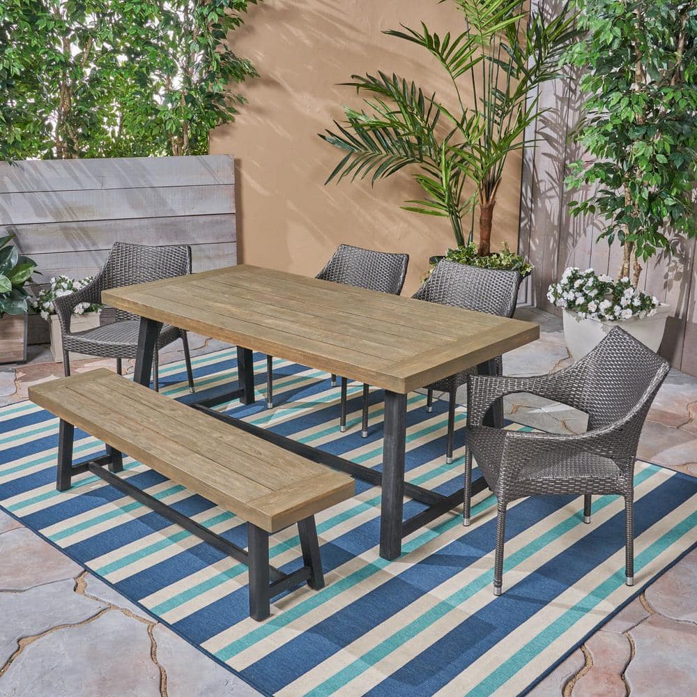 Brecken Sandblast Grey 6-Piece Wood and Grey Faux Rattan Outdoor Patio Dining Set