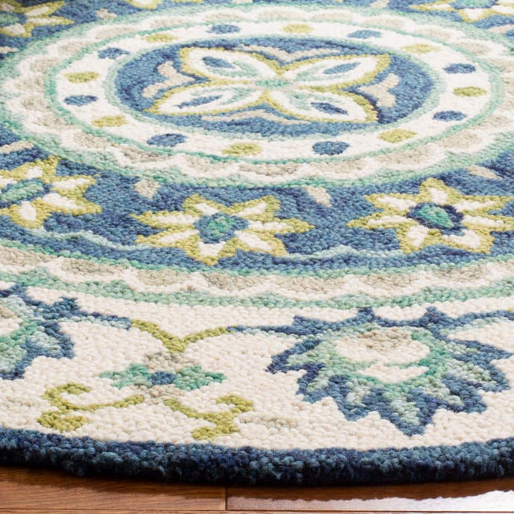 Ivory and Blue Floral Round Wool Area Rug