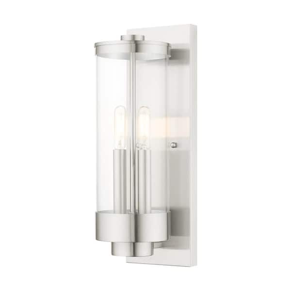 AVIANCE LIGHTING Cavanaugh 15.75 in. 2-Light Brushed Nickel Outdoor Hardwired Wall Lantern Sconce with No Bulbs Included