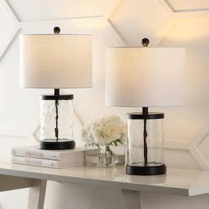 Alexander 21 in. Black/Clear Iron/Water Glass LED Table Lamp Set with White Linen Shade and USB Charging Port (Set of 2)
