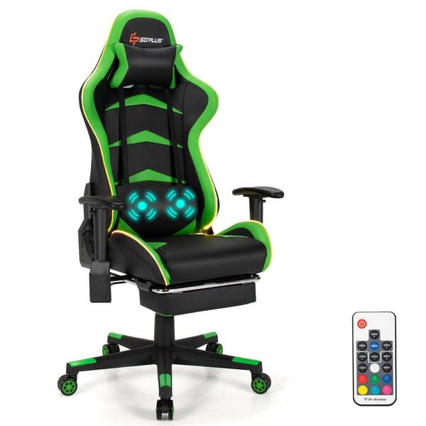 Costway Massage Upholstery Gaming Chair Computer Office Chair with LED Lights and Footrest Green
