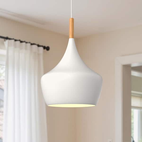 1-Light Industrial Farmhouse Hanging White Pendant Ceiling Light with Metal Dome Shade for Kitchen Island Dining Room